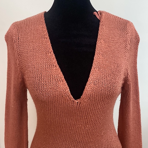 Beautiful coral colored, deep V neck, long sleeved, thin sweater. Spring color! - Picture 3 of 7
